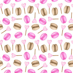Obraz na płótnie Canvas Watercolor seamless pattern with French macaroons and lollipops. Hand-painted ornament with candies on white background. Lovely illustration for print, design and wrapping.