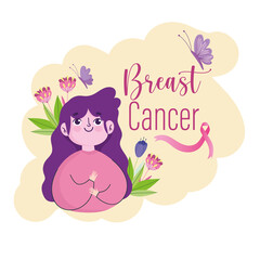 Breast cancer cute girl flowers butterfly ribbon and lettering
