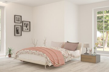 White bedroom interior. Scandinavian design. 3D illustration