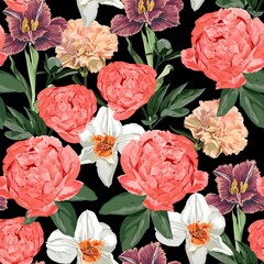 Floral Seamless Pattern with peony flowers, tulips and daffodils spring flowers and leaves. Blooming Flowers on black Background.	