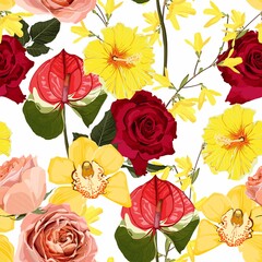 Floral Seamless Pattern with red roses flowers and yellow spring flowers and leaves. Blooming Flowers on white Background.	