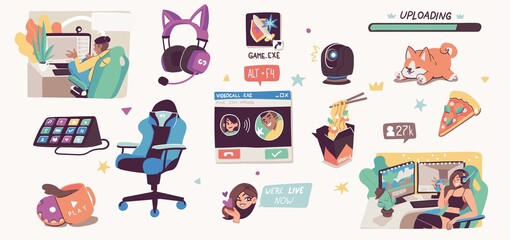 Online streaming concept illustrations. Bloggers, pro gamers, artists and influencers live streaming. Flat vector illustration © stonepic