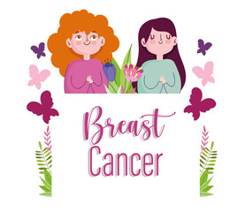 Breast cancer cartoon women with butterflies flowers with lettering