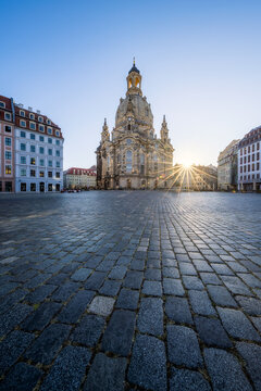 Dresden Frauenkirche (Church of Our Lady) and Neumarkt square at sunrise, Saxony, Germany