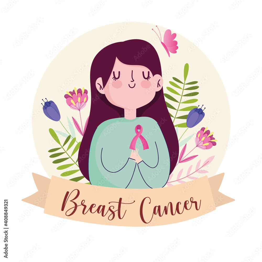 Wall mural breast cancer cute woman with ribbon flowers and banner