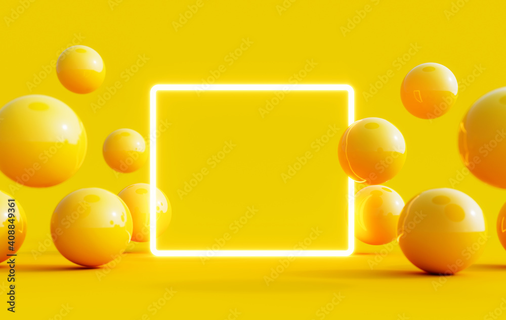 Wall mural abstract summer background with light mock up square in the middle and yellow balls flying around 3d