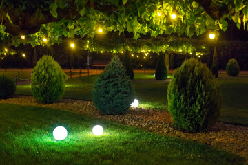 illumination park light garden with electric ground ball lantern with stone mulch and thuja bushes...