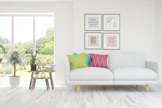 White living room with sofa and summer landscape in window. Scandinavian interior design. 3D illustration