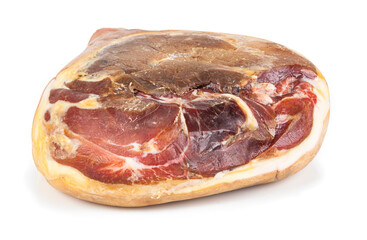 Obraz premium Traditional Italian Prosciutto Crudo ham isolated on a white background. See the portfolio from a different angle.