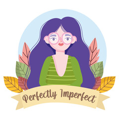 Perfectly imperfect woman with glasses cartoon portrait, flower decoration