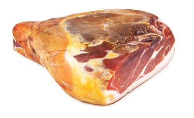 Traditional Italian Prosciutto Crudo ham isolated on a white background. See the portfolio from a...