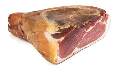 Traditional Italian Prosciutto Crudo ham isolated on a white background. See the portfolio from a different angle.