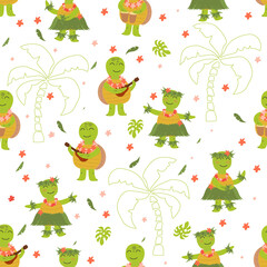 Seamless pattern with cute hawaiian turtles. Boys play to music on ukulele and  girls dance. They are perfect for baby, kids apparel, print design, textile.