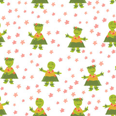 Cute hawaiian turtles seamless pattern. Girls dance with hibiscus flowers . They are perfect for baby, kids apparel, print design, textile.