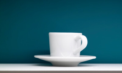 white cup and saucer on table and blue wall behind it