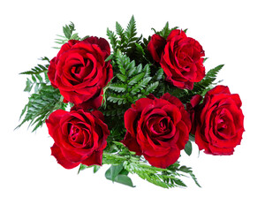 Obraz premium Bouquet of red roses. Beautiful flowers isolated on white background. Top view.