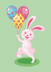 Happy smiling easter bunny goes holding the painted ballons. Vector illustration, cartoon character isolated, mascot, sticker, emblem, card, print
