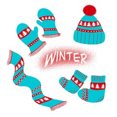 Winter. A hat, scarf, mittens and socks in the New Year's style are depicted.