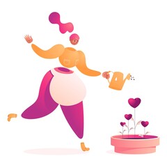 Isolated on white background woman watering flower pot with hearts plants. Drawn with vibrant pink and yellow gradients concept about love, social media support