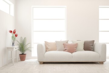White living room with sofa. Scandinavian interior design. 3D illustration