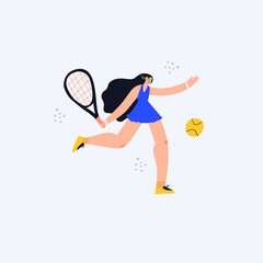 Girl with tennis racket flat vector illustration. Young woman playing tennis cartoon character isolated on white background. Female athlete with sports equipment doodle color drawing