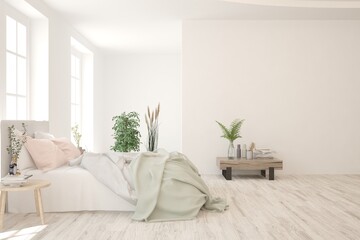 White bedroom interior. Scandinavian design. 3D illustration