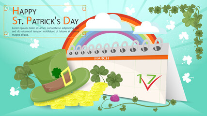 Flat illustration banner for decorating designs on the theme of St. Patricks Day A green leprechaun hat lies on a pile of gold coins on the background of a calendar with a date