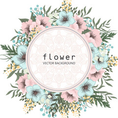 Vector illustration of a beautiful floral wreath. Light pink and mint flowers.