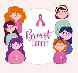 Breast cancer young women cartoon with pink ribbon banner