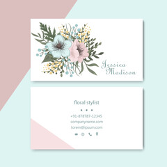 Business card with mint and pink flowers.