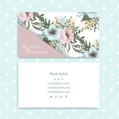 Business card with mint and pink flowers.