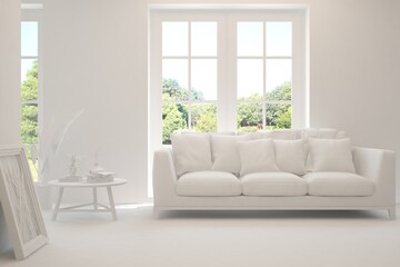 Mock up of stylish room in white color with sofa and green landscape in window. Scandinavian interior design. 3D illustration