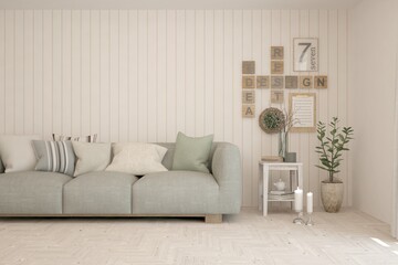Wooden living room with sofa. Scandinavian interior design. 3D illustration