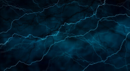 Dark abstraction with lightning and lines. Marble texture, decorative dark stone. Blue neon. 