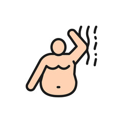 Stink of a fat man, bad smell, obesity flat color line icon.