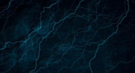 Dark abstraction with lightning and lines. Marble texture, decorative dark stone. Blue neon. 