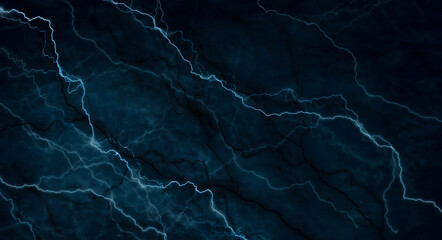 Dark abstraction with lightning and lines. Marble texture, decorative dark stone. Blue neon. 
