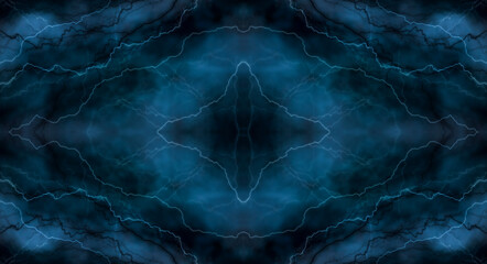 Dark abstraction with lightning and lines. Marble texture, decorative dark stone. Blue neon. 