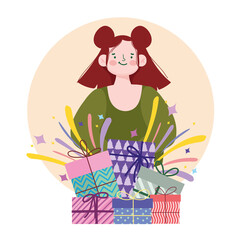 young woman with gifts party celebration cartoon