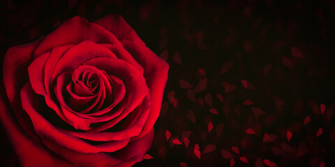 Red rose on black background with blurred hearts.