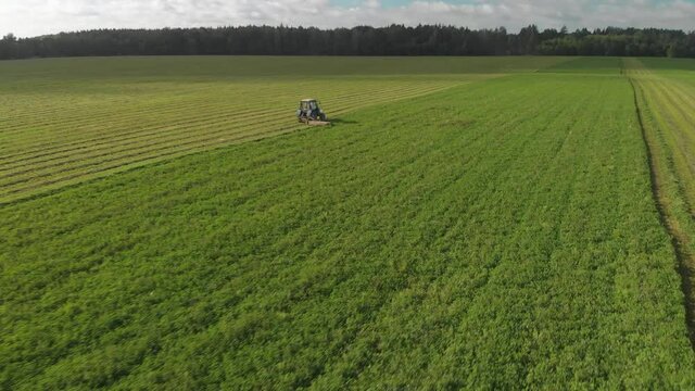 Flight for self-propelled agricultural machine, mowing the succulent green perennial grass in a field for preparation of silage on the farm. Rural field work for forage harvesting