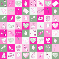 Seamless pink and grey composite pattern. Patchwork. Heart. Pomade. The envelope. The Rose. Leaves. Gift box. Chocolate candies. Vector. Eps 10.