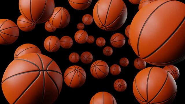 Many basketball balls on black background.
Loop able 3d animation for background.
