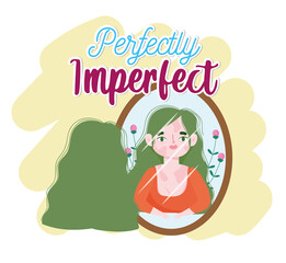 Perfectly imperfect woman with green hair looks in the mirror