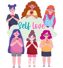 diverse women girls portrait cartoon character self love