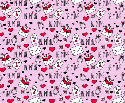 Vector seamless pattern with hand drawn pictures about love. Icons for valentine's day, wedding and declaration of love. Illustration for printing onto fabrics and wrapping paper. Hearts, gifts, bows
