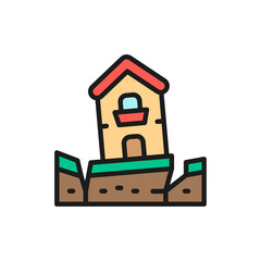 Earthquake, seism, catastrophe, natural disaster flat color line icon.