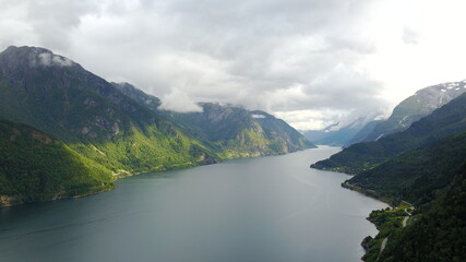 View to fjord and water from drone in Norway