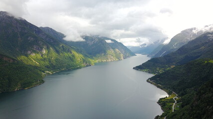 View to fjord and water from drone in Norway