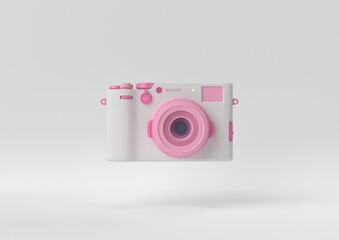 Fashion Film Camera floating on white background. minimal concept idea. Bright Sweet fashion Style. 3d render.